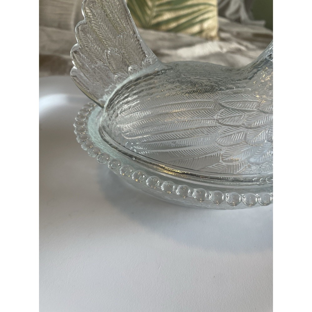 vintage "Hen on Nest" covered candy dish looks clear with a blue tint Perfect 7" - Picture 5 of 10